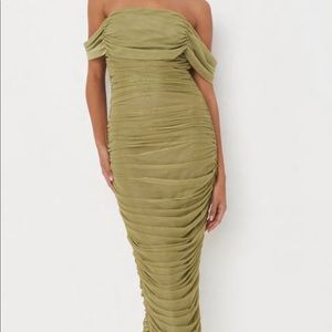 Mesh ruched bardot midaxi dress
